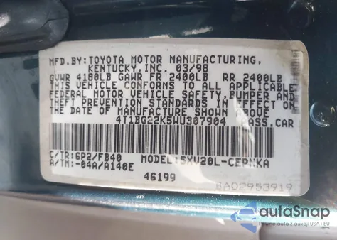 1998 Toyota Camry Le из США, поврежденный, VIN 4T1BG22K5WU307904